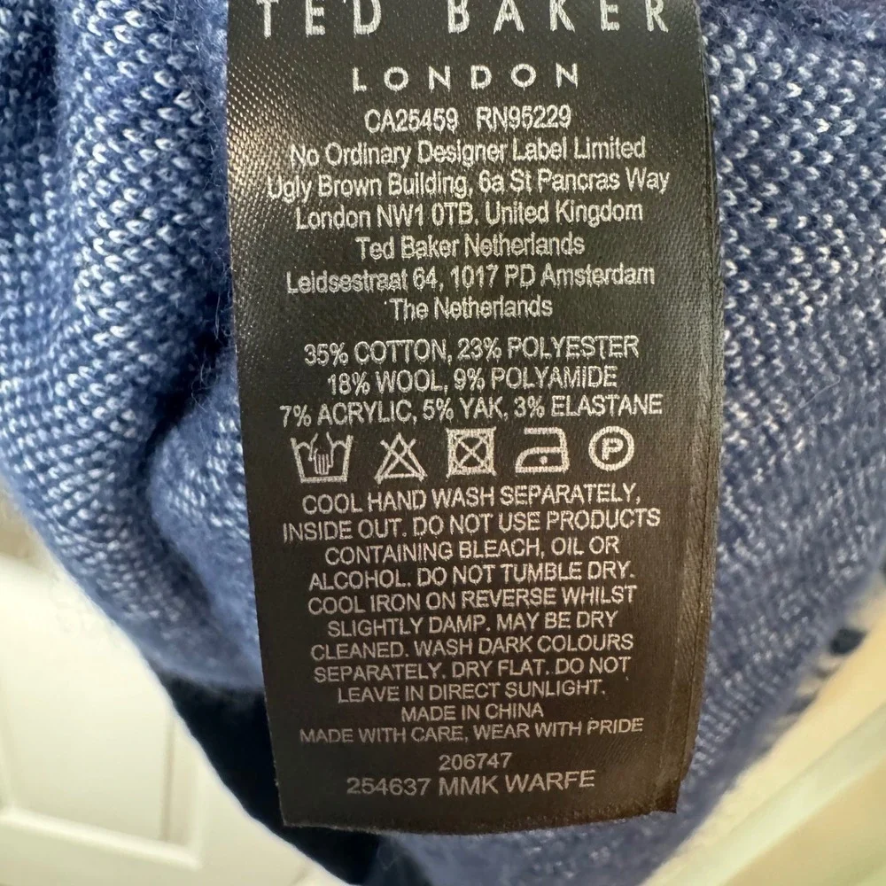 Ted Baker Sweater Men 3 Blue Wavy Zebra Print Wool Yak Blend Warfe Pullover - Picture 6 of 7